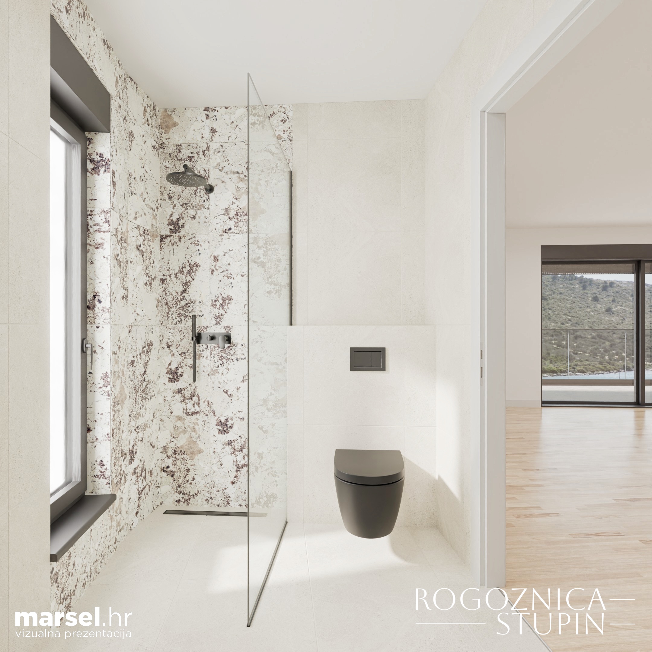 Vizualizacija interijera apartmana u novogradnji Rogoznica Stupin. Prostrani i svijetli unutarnji prostori s pogledom na more, idealni za stanovanje ili investiranje u apartman na dalmatinskoj obali.